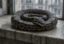 Uma píton de 1,90 m que vivia solta dentro de um apartamento desapareceu há uma semana; bombeiros usaram até uma grande escada para procurar a cobra nos imóveis vizinhos, mas ainda não conseguiram encontrá-la Píton-real enrolada em cornija de pedra de prédio urbano sob luz nublada