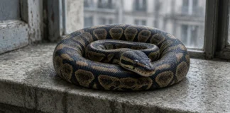 Uma píton de 1,90 m que vivia solta dentro de um apartamento desapareceu há uma semana; bombeiros usaram até uma grande escada para procurar a cobra nos imóveis vizinhos, mas ainda não conseguiram encontrá-la Píton-real enrolada em cornija de pedra de prédio urbano sob luz nublada