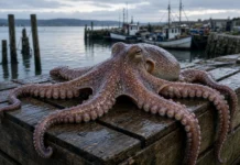 Pescadores saíram atrás dos peixes de sempre e encontraram redes cada vez mais cheias de polvos; em apenas 6 meses, capturaram o equivalente a 2 anos de pesca da Galícia no Reino Unido Polvo fresco sobre caixas de madeira em porto pesqueiro britânico