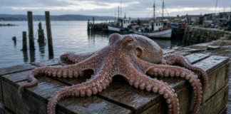 Pescadores saíram atrás dos peixes de sempre e encontraram redes cada vez mais cheias de polvos; em apenas 6 meses, capturaram o equivalente a 2 anos de pesca da Galícia no Reino Unido Polvo fresco sobre caixas de madeira em porto pesqueiro britânico