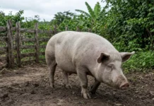 Fora da curva: a família produtora de San Pedro, no interior de Misiones no nordeste da Argentina, criou um porco de cerca de 320 quilos e o peso triplica o de abate e redefine o manejo na propriedade