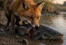 Milhões de peixes morreram depois que a água de um dos maiores rios da França esquentou e perdeu oxigênio; tantos corpos chegaram às margens que até raposas passaram a se alimentar deles Raposa-vermelha nas margens do rio Ródano puxando um siluro morto na lama