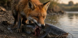 Milhões de peixes morreram depois que a água de um dos maiores rios da França esquentou e perdeu oxigênio; tantos corpos chegaram às margens que até raposas passaram a se alimentar deles Raposa-vermelha nas margens do rio Ródano puxando um siluro morto na lama