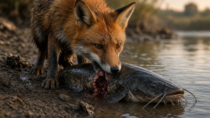 raposa-siluro-margem-rodano-peixes-mortos Raposa-vermelha nas margens do rio Ródano puxando um siluro morto na lama