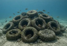 Em 1978 jogaram pneus recheados de concreto no oceano de Massachusetts para dar abrigo a peixes, e décadas depois o entulho virado recife atrai lagostas e vida marinha onde só havia areia nua Imagem submarina em 16:9 com o conjunto de pneus preenchidos de concreto no centro do enquadramento, colonizados por vida marinha sobre areia do Nantucket Sound, sem marcas gráficas.
