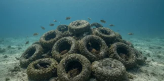 Em 1978 jogaram pneus recheados de concreto no oceano de Massachusetts para dar abrigo a peixes, e décadas depois o entulho virado recife atrai lagostas e vida marinha onde só havia areia nua Imagem submarina em 16:9 com o conjunto de pneus preenchidos de concreto no centro do enquadramento, colonizados por vida marinha sobre areia do Nantucket Sound, sem marcas gráficas.