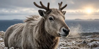 Soltaram 29 renas numa ilha sem predadores no mar para ter carne na guerra; o rebanho explodiu a 6 mil e um único inverno brutal deixou só 42 vivas Rena solitária na tundra gelada de uma ilha remota do mar de Bering sob luz fría de fim de tarde