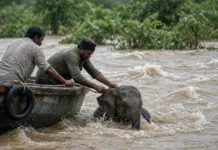 Pescadores veem pequena tromba no meio de rio e param o barco: era filhote de elefante de poucos dias arrastado por quase 5 quilômetros