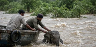 Pescadores veem pequena tromba no meio de rio e param o barco: era filhote de elefante de poucos dias arrastado por quase 5 quilômetros