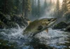 Duas barragens bloquearam um rio por quase 100 anos e fizeram os salmões desaparecerem de grande parte dele; o governo comprou as hidrelétricas, derrubou os muros e os peixes voltaram a subir por mais de 110 km de habitat antes inacessível Salmão do Pacífico salta em trecho livre do rio Elwha cercado por floresta úmida na península Olímpica