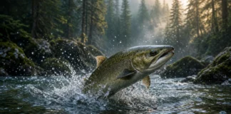 Duas barragens bloquearam um rio por quase 100 anos e fizeram os salmões desaparecerem de grande parte dele; o governo comprou as hidrelétricas, derrubou os muros e os peixes voltaram a subir por mais de 110 km de habitat antes inacessível Salmão do Pacífico salta em trecho livre do rio Elwha cercado por floresta úmida na península Olímpica