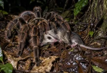 Pesquisadores caminharam à noite em Tambopata e viram uma tarântula arrastando um pequeno marsupial pelo chão da Amazônia peruana