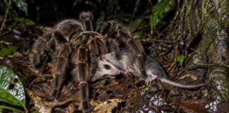 Pesquisadores caminharam à noite em Tambopata e viram uma tarântula arrastando um pequeno marsupial pelo chão da Amazônia peruana