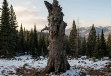 Árvore morta guarda marca de 1893 há 133 anos em plena floresta, e defensores da natureza lutam para impedir que ela seja cortada