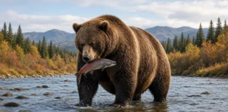 Urso come salmão sem parar para engordar antes da hibernação e acaba eleito o mais gordo do Alasca em votação popular