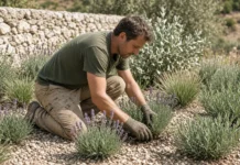 O que plantar em um jardim que enfrenta cada vez mais calor? Paisagista aposta em 3 espécies que suportam melhor períodos secos Homem de 33 anos ajoelhado ao lado de plantas resistentes à seca em jardim francês, composição central limpa em formato 16:9