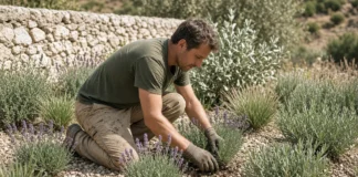 O que plantar em um jardim que enfrenta cada vez mais calor? Paisagista aposta em 3 espécies que suportam melhor períodos secos Homem de 33 anos ajoelhado ao lado de plantas resistentes à seca em jardim francês, composição central limpa em formato 16:9