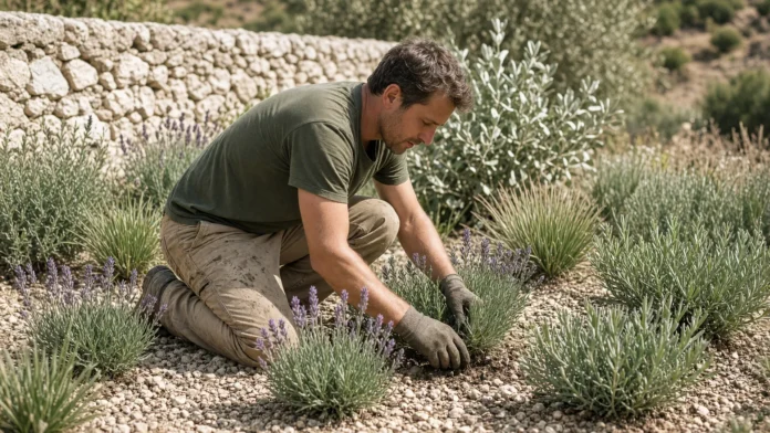 victor-paisagista-franca-clima-16x9-jpg Homem de 33 anos ajoelhado ao lado de plantas resistentes à seca em jardim francês, composição central limpa em formato 16:9