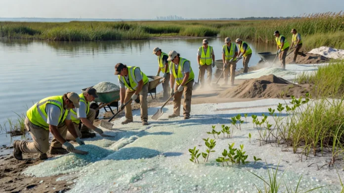 vidro-reciclado-areia-costa-louisiana-vegetacao