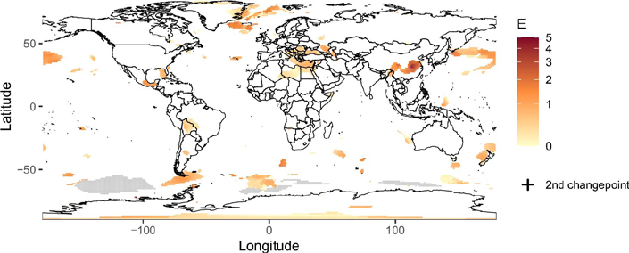 Aquecimento acelera em ondas e atinge cada região em um tempo 2 Força estatística das mudanças no ritmo de aquecimento detectadas desde 1970, pela base Berkeley Earth. Quanto mais escuro o tom, mais nítida a aceleração; o sudeste da China concentra o sinal mais forte do planeta.