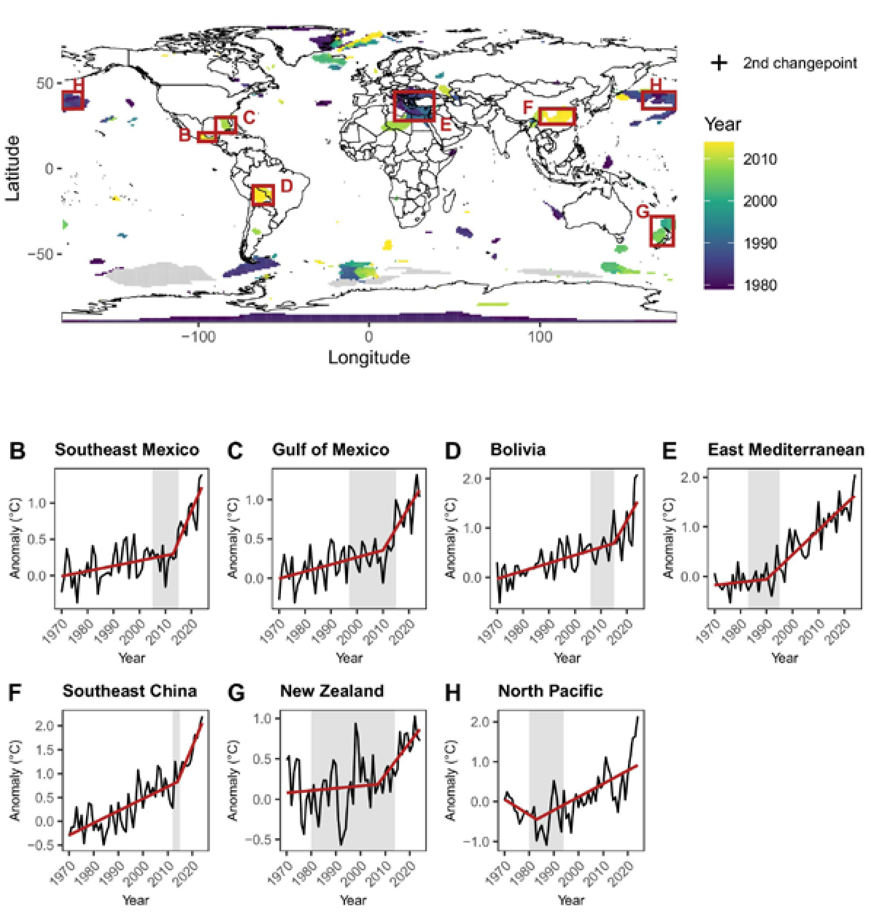 Aquecimento acelera em ondas e atinge cada região em um tempo 1 No alto, o mapa marca as áreas onde o ritmo de aquecimento mudou desde 1970, com a cor indicando a década da mudança; os quadros vermelhos delimitam as sete regiões destacadas. Abaixo, as séries de temperatura de cada uma, com a linha vermelha mostrando a quebra de tendência. O quadro D corresponde à Bolívia.