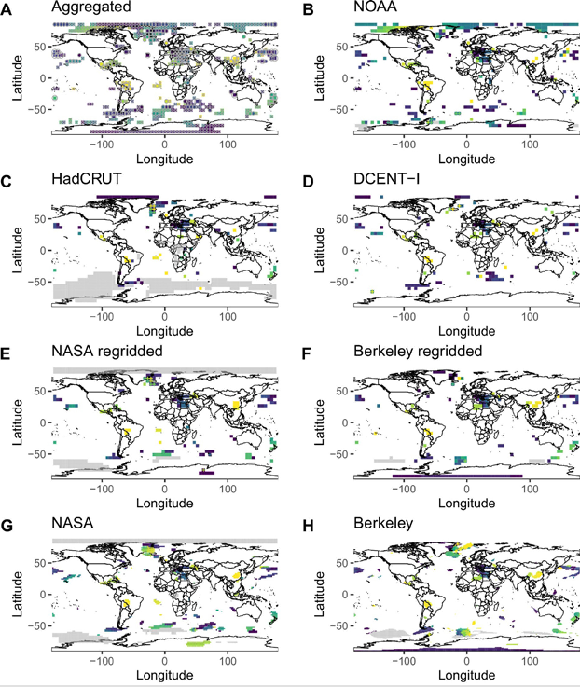 Aquecimento acelera em ondas e atinge cada região em um tempo 5 Início das mudanças no ritmo de aquecimento em cada uma das cinco bases de temperatura analisadas, com cores do roxo (anos 1980) ao amarelo (anos 2010). A concordância entre as bases é o que dá confiança às sete regiões destacadas no estudo.