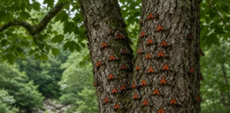 Mudança climática: as borboletas partiram semanas mais cedo do Vale das Borboletas, na Grécia Imagem limpa em 16:9 com borboletas de asas laranja e pretas concentradas no centro da cena sobre cascas de árvores em vale úmido e sombreado, sem marcações gráficas.