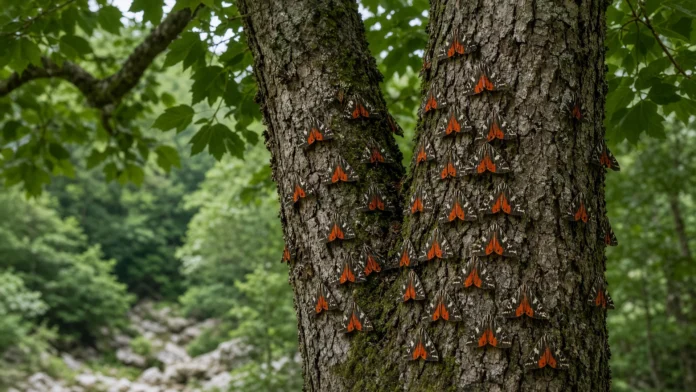 borboletas-vale-rodes-saida-antecipada-grecia Imagem limpa em 16:9 com borboletas de asas laranja e pretas concentradas no centro da cena sobre cascas de árvores em vale úmido e sombreado, sem marcações gráficas.