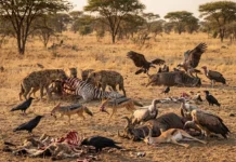 Pesquisadores da Universidade de Sydney sugerem que animais necrófagos tratam uma carcaça como um bufê, e não como prato único Pesquisadores da Universidade de Sydney sugerem que animais necrófagos tratam uma carcaça como um bufê, e não como prato único