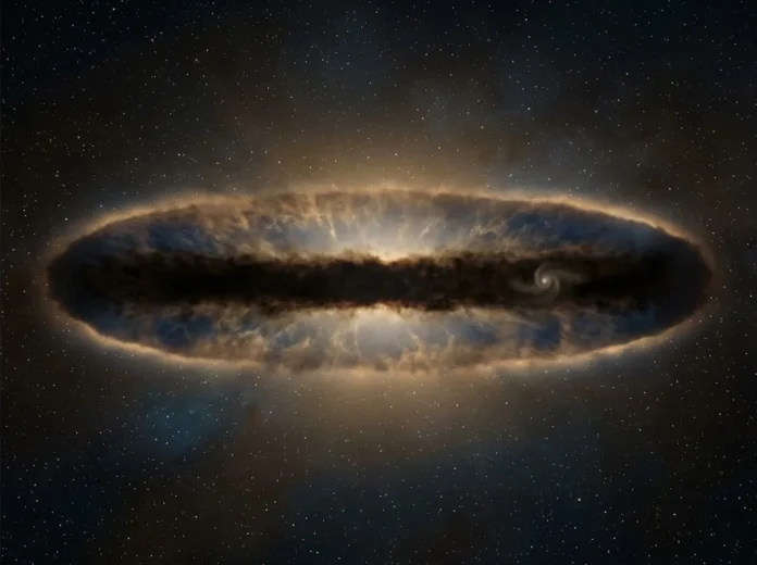 Disco de gás e poeira de quase 1.000 UA, visto de lado como um hambúrguer, mostra fase muito inicial de um planeta gigante Disco de gás e poeira de quase 1.000 UA, visto de lado como um hambúrguer, mostra fase muito inicial de um planeta gigante