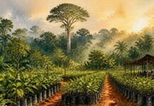 Metade das árvores do mundo vive fora de casa, e o Brasil lidera Mudas de árvores em viveiro de restauração florestal na borda da floresta amazônica