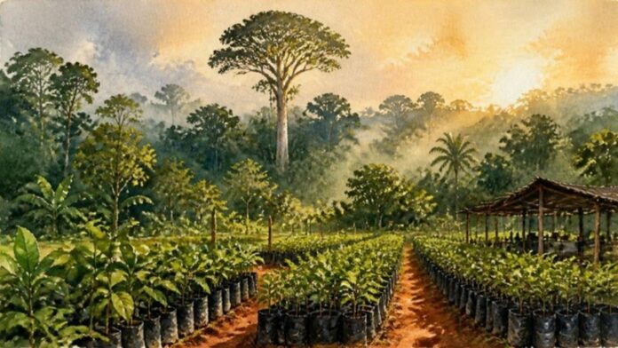 Mudas de árvores em viveiro de restauração florestal na borda da floresta amazônica Mudas de árvores em viveiro de restauração florestal na borda da floresta amazônica