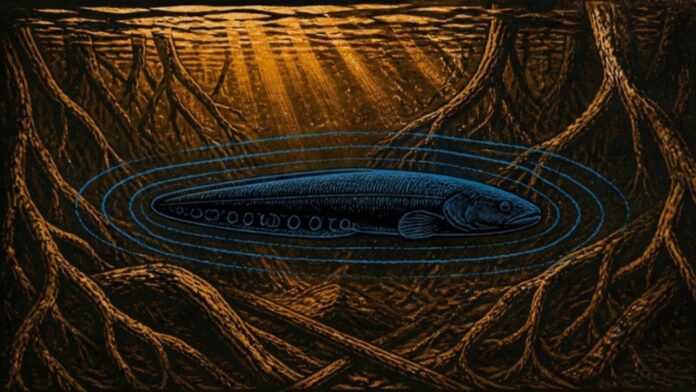 Peixe elétrico nadando entre raízes submersas em igarapé de águas escuras Peixe elétrico nadando entre raízes submersas em igarapé de águas escuras