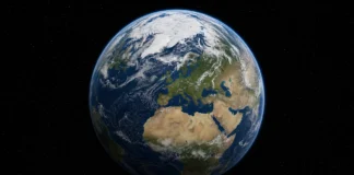 Derretimento do gelo faz a crosta subir nos polos e a Terra ficar mais esférica; satélites indicam que mudança de forma acelerou Texto colado Imagem 16:9 centrada na Terra, com gelo na Groenlândia e na Antártida visíveis, sugerindo a mudança sutil de forma do planeta sem elementos gráficos extras.