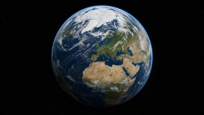 Imagem 16:9 centrada na Terra, com gelo na Groenlândia e na Antártida visíveis, sugerindo a mudança sutil de forma do planeta sem elementos gráficos extras.
