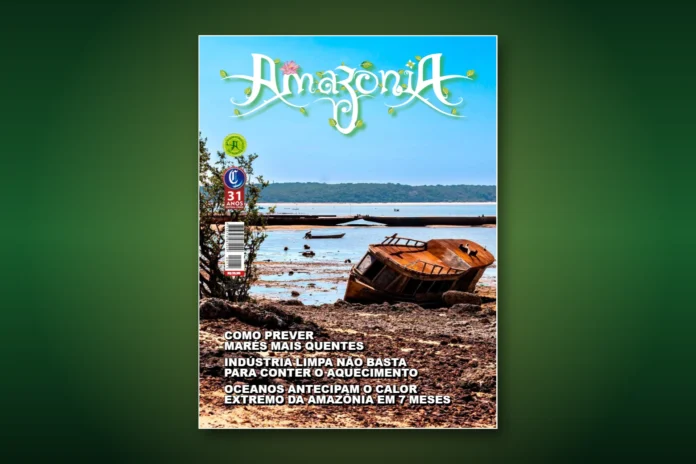 Revista Amazônia edição 158 Capa da edição 158 da Revista Amazônia com barco encalhado na praia do Maracanã, em Santarém, durante a seca de 2023
