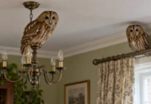 Duas corujas caíram pela chaminé, uma ficou na cortina e a outra no lustre, até o tratamento permitir que ambas as aves voltassem juntas à natureza