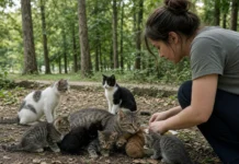 Voluntários salvam 10 de 11 gatos abandonados no bosque, e mãe e filhotes se reencontram