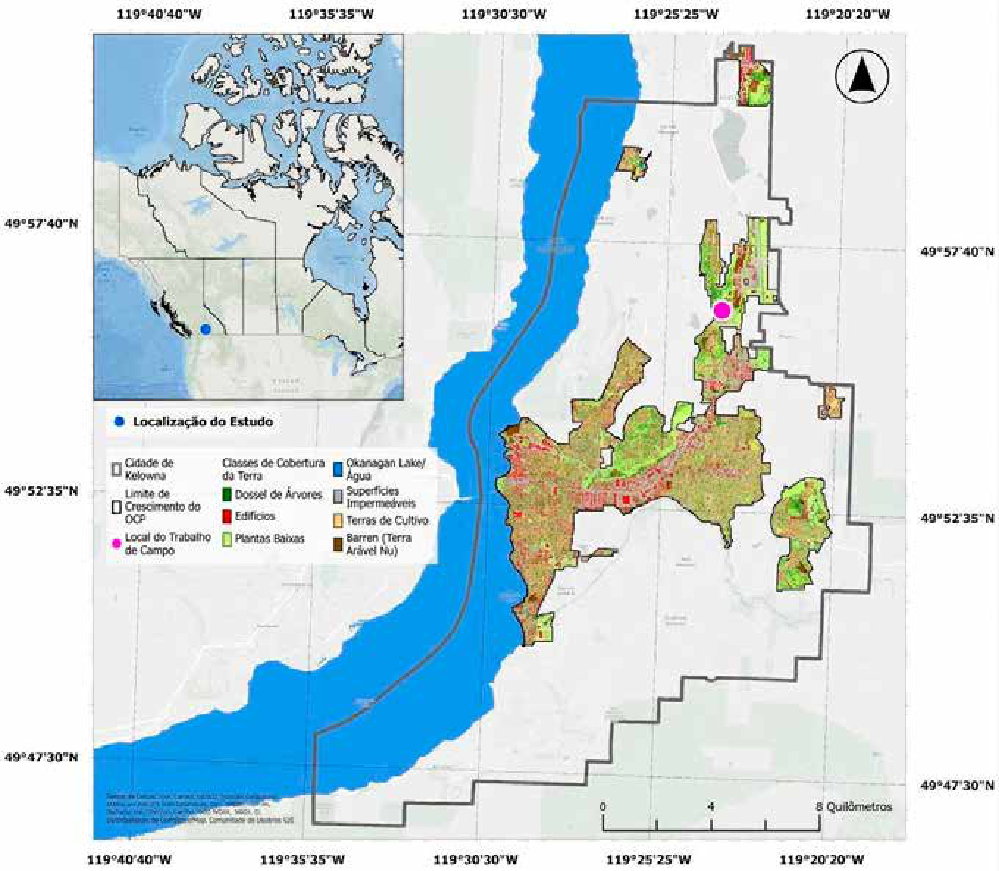 Mapas finos de calor mostram onde plantar árvores nas cidades 2 Área de estudo em Kelowna, na Colúmbia Britânica, com a classificação da cobertura do solo dentro do limite de crescimento urbano, às margens do lago Okanagan.