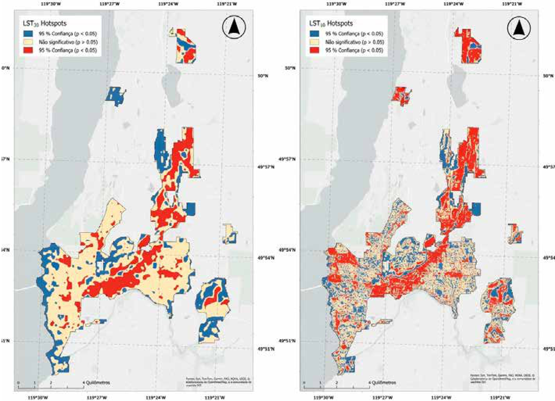 Mapas finos de calor mostram onde plantar árvores nas cidades 1 Ilhas de calor (vermelho) e de frescor (azul) em Kelowna, no verão de 2023. À esquerda, o mapa com pixels de 30 metros; à direita, a versão refinada para 10 metros revela manchas quentes muito menores.