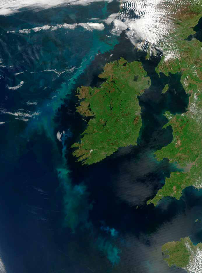 Florescimento de fitoplâncton no Atlântico, a oeste da Irlanda, registrado por satélite da NASA em 2 de junho de 2006. Essas algas microscópicas estão na base da bomba biológica que leva carbono da superfície para o fundo do mar.