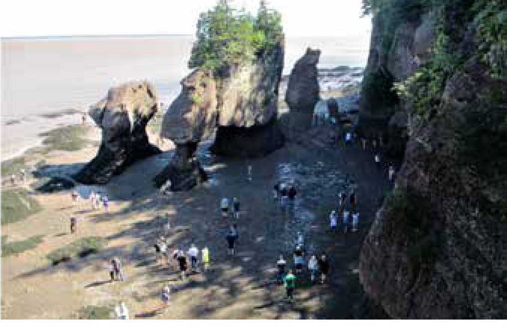 Oceano mais quente muda as marés, e a ciência corre para prevê-las 2 Maré baixa no Parque Provincial Hopewell Rocks, na Baía de Fundy, Canadá. Visitantes caminham no leito que fica coberto pela água na maré alta; a ressonância da baía faz a amplitude chegar a 16 metros.