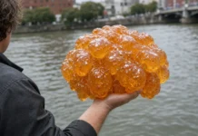 Saco laranja brilhante de 2 metros vira ‘blob’ vivo e confunde ecologistas ao ser puxado de rio