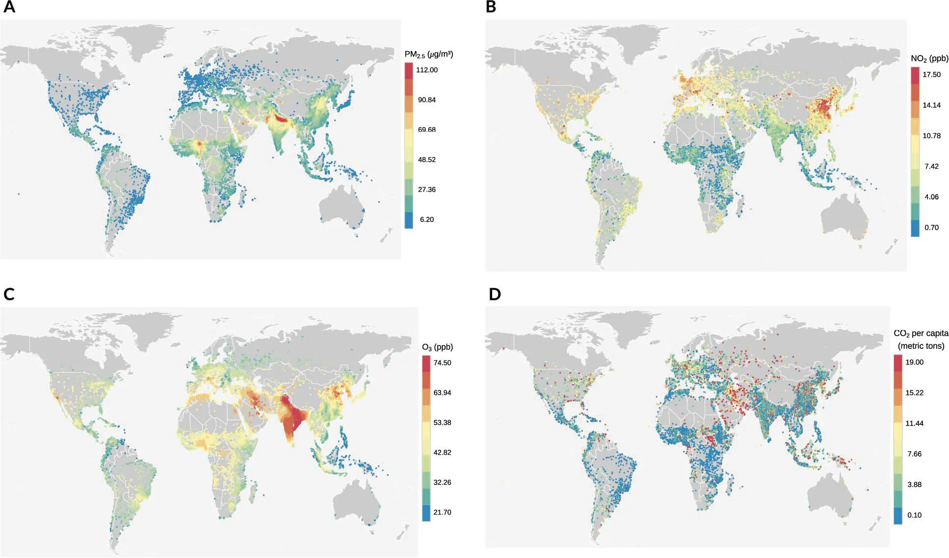 Distribuições globais das concentrações médias anuais ponderadas pela população de PM 2,5 , NO 2 e OSDMA8 (O 3 ) e FFCO 2 per capita em áreas urbanas em 2019 Estudo revela como 13.189 cidades evoluíram em poluição e CO₂, mostrando desigualdades e oportunidades na luta por ar limpo e clima saudável