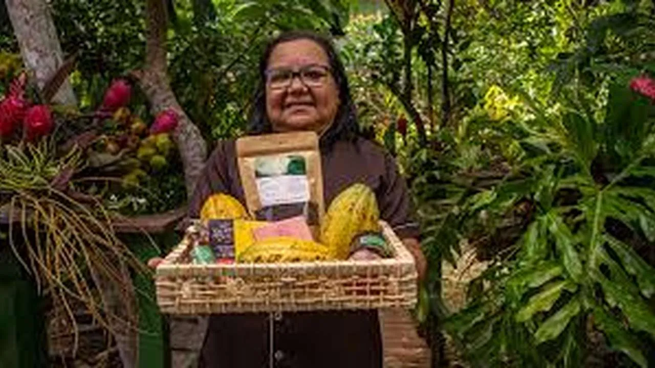 dona-nena-em-sua-fabrica-de-chocolates-no-combu-segura-uma-cesta-cheia-de-ingredientes-como-cacau-e-frutas-20250521014157 Potencial da bioeconomia atrai investimentos e transforma a Amazônia