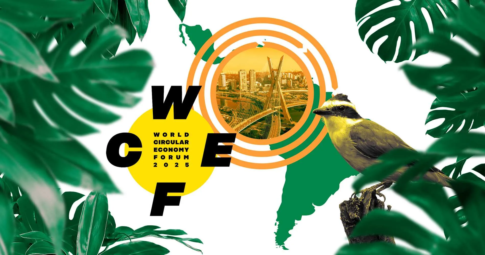 Diretor da Vale cobra políticas públicas para ampliar economia circular 2 Logotipo do Fórum Mundial de Economia Circular (WCEF 2025), com a letra W em destaque, sobreposto a uma imagem de uma cidade e uma ponte, com folhas verdes e um pássaro amarelo ao redor.