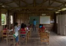 Alfabetização digital na Amazônia: projeto quer transformar comunidades ribeirinhas e indígenas por meio da tecnologia Sala de aula simples em madeira com alunos e professor, mostrando a necessidade de acesso à tecnologia em comunidades ribeirinhas.