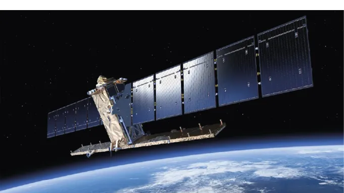 Impressão artística de um satélite Sentinel-1 sobre a Terra