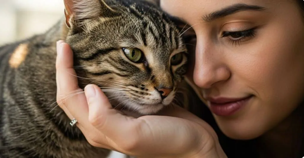 Fotografia de um gato esfregando a cabeça em uma mão humana, demonstrando afeto e pedido de carinho