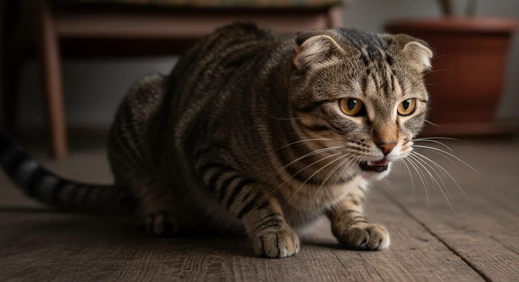 Gato com orelhas para trás em postura de ataque